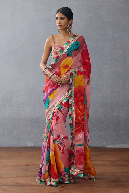 Torani_Pink Jersey Tassels, Embroidery Sweetheart Neck Dil Rang Nalini Blouse _Online_at_Aza_Fashions