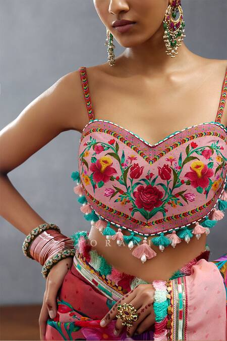 Buy_Torani_Pink Jersey Tassels, Embroidery Sweetheart Neck Dil Rang Nalini Blouse _Online_at_Aza_Fashions