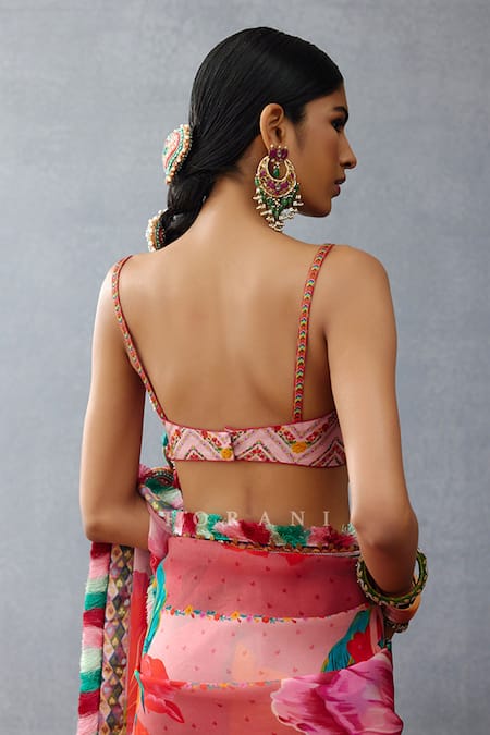 Shop_Torani_Pink Jersey Tassels, Embroidery Sweetheart Neck Dil Rang Nalini Blouse _at_Aza_Fashions