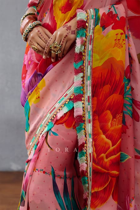 Torani Pink Organza Embroidery, Tassels Dil Rang Nalini Floral Print Fringed Saree Online at Aza Fashions Torani_Pink Organza Embroidery, Tassels Dil Rang Nalini Floral Print Fringed Saree _Online_at_Aza_Fashions