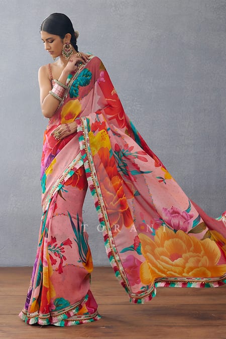 Buy Torani Pink Organza Embroidery, Tassels Dil Rang Nalini Floral Print Fringed Saree Online at Aza Fashions Buy_Torani_Pink Organza Embroidery, Tassels Dil Rang Nalini Floral Print Fringed Saree _Online_at_Aza_Fashions