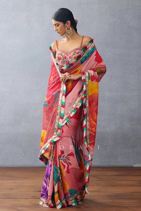 Shop Torani Pink Organza Embroidery, Tassels Dil Rang Nalini Floral Print Fringed Saree Online at Aza Fashions Shop_Torani_Pink Organza Embroidery, Tassels Dil Rang Nalini Floral Print Fringed Saree _Online_at_Aza_Fashions