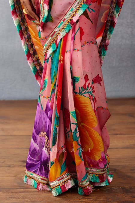 Torani Pink Organza Embroidery, Tassels Dil Rang Nalini Floral Print Fringed Saree at Aza Fashions Torani_Pink Organza Embroidery, Tassels Dil Rang Nalini Floral Print Fringed Saree _at_Aza_Fashions