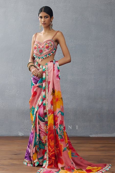 Buy Torani Pink Organza Embroidery, Tassels Dil Rang Nalini Floral Print Fringed Saree Buy_Torani_Pink Organza Embroidery, Tassels Dil Rang Nalini Floral Print Fringed Saree