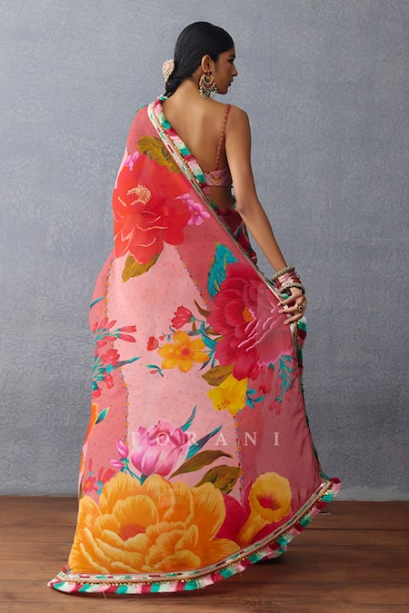 Shop Torani Pink Organza Embroidery, Tassels Dil Rang Nalini Floral Print Fringed Saree at Aza Fashions Shop_Torani_Pink Organza Embroidery, Tassels Dil Rang Nalini Floral Print Fringed Saree _at_Aza_Fashions