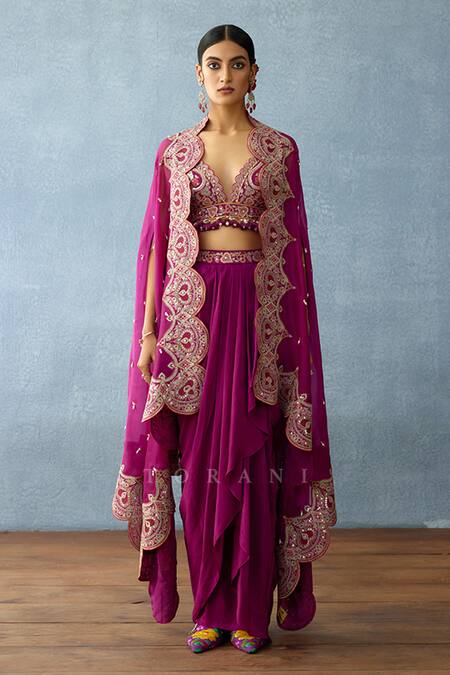 Torani_Purple Silk, Organza Embroidery Sweetheart Neck Dil Kusha Sakina Cape Set _Online_at_Aza_Fashions