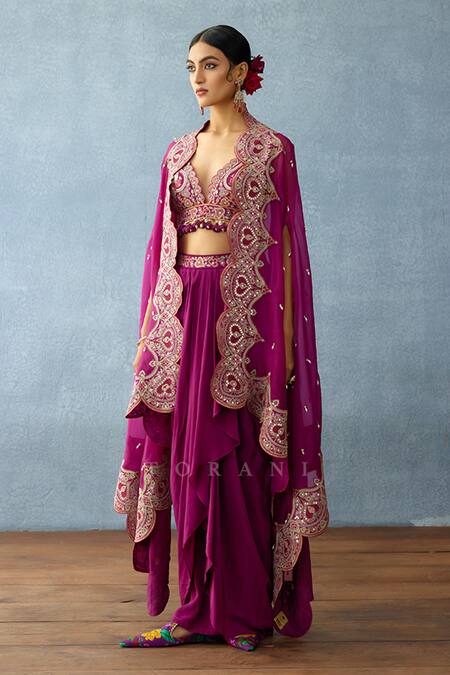 Buy_Torani_Purple Silk, Organza Embroidery Sweetheart Neck Dil Kusha Sakina Cape Set _Online_at_Aza_Fashions