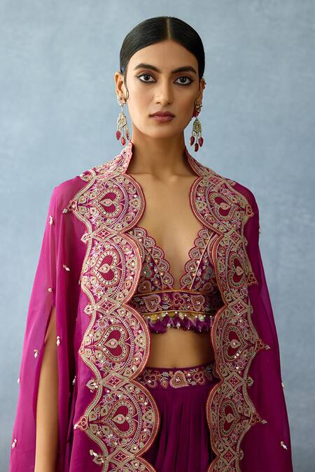 Shop_Torani_Purple Silk, Organza Embroidery Sweetheart Neck Dil Kusha Sakina Cape Set _Online_at_Aza_Fashions