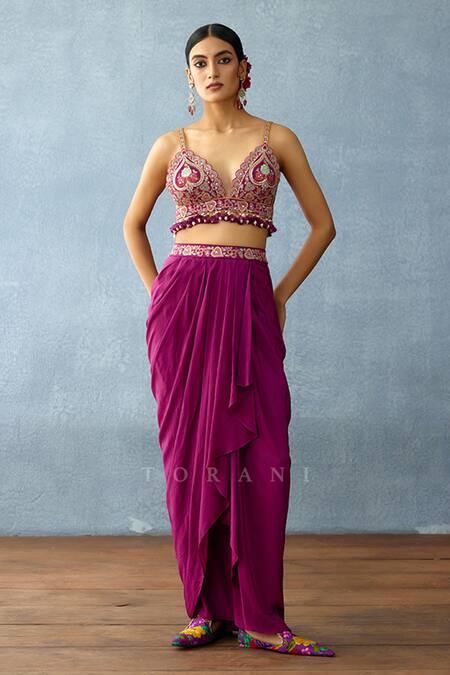 Torani_Purple Silk, Organza Embroidery Sweetheart Neck Dil Kusha Sakina Cape Set _at_Aza_Fashions