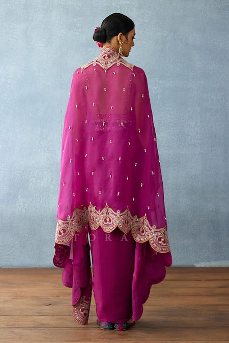 Shop_Torani_Purple Silk, Organza Embroidery Sweetheart Neck Dil Kusha Sakina Cape Set _at_Aza_Fashions