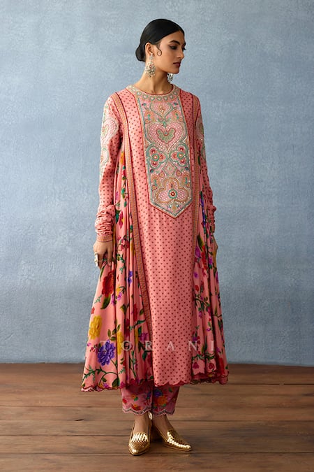 Torani_Pink Cotton, Chanderi Embroidery Dil Ruba Sufiya Floral Print Kurta Pant Set _Online_at_Aza_Fashions