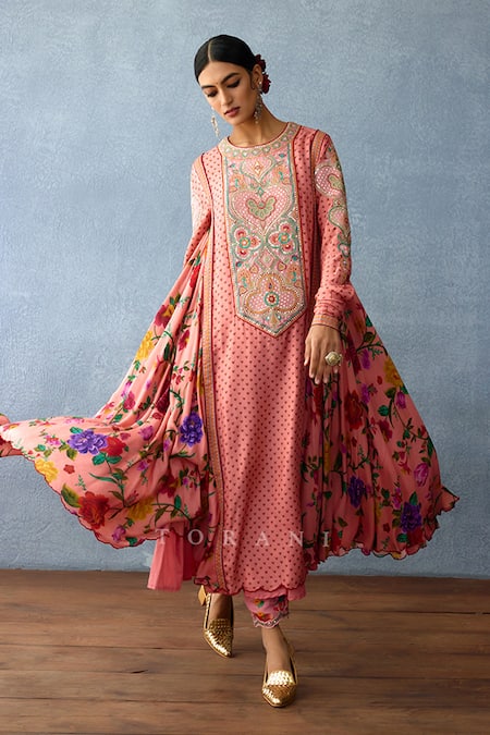 Buy_Torani_Pink Cotton, Chanderi Embroidery Dil Ruba Sufiya Floral Print Kurta Pant Set _Online_at_Aza_Fashions