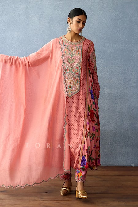 Torani_Pink Cotton, Chanderi Embroidery Dil Ruba Sufiya Floral Print Kurta Pant Set _at_Aza_Fashions