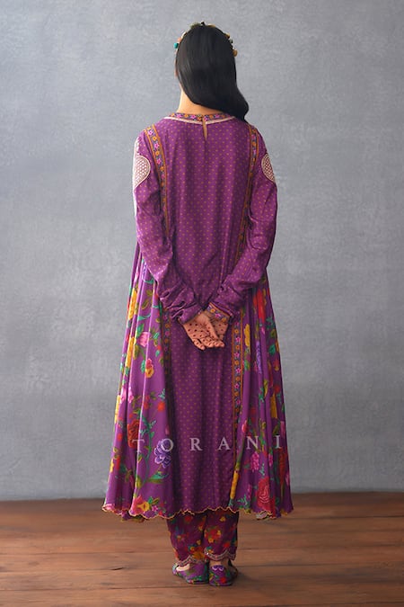 Shop Torani Purple Cotton, Silk Embroidery Round Dil Kusha Eira Floral Print Kurta Pant Set at Aza Fashions Shop_Torani_Purple Cotton, Silk Embroidery Round Dil Kusha Eira Floral Print Kurta Pant Set _at_Aza_Fashions