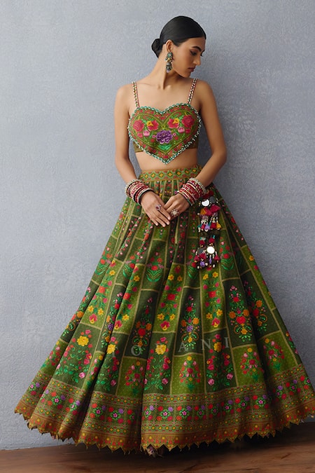 Shop Torani Green Organza, Jersey Embroidery, Dil Naaz Sakaria Floral Print Lehenga Set Online at Aza Fashions Shop_Torani_Green Organza, Jersey Embroidery, Dil Naaz Sakaria Floral Print Lehenga Set _Online_at_Aza_Fashions
