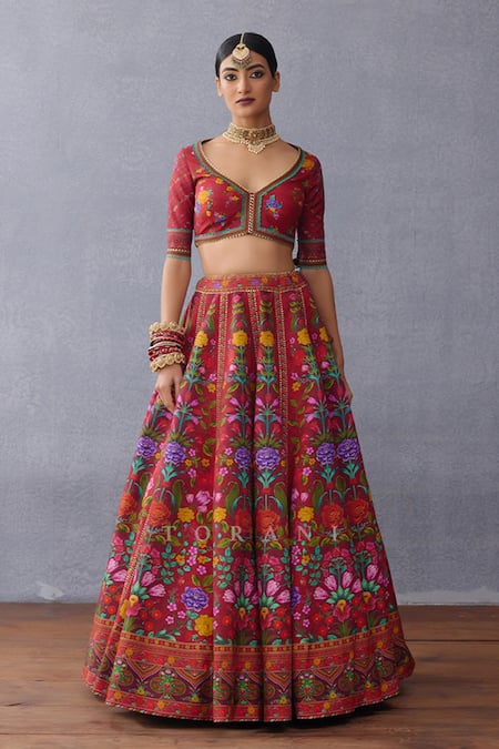 Torani_Red Organza, Jersey Embroidery, Tassels Dil Surkh Eeda Printed Lehenga Set _Online_at_Aza_Fashions
