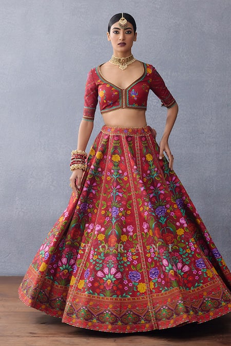 Buy_Torani_Red Organza, Jersey Embroidery, Tassels Dil Surkh Eeda Printed Lehenga Set _Online_at_Aza_Fashions