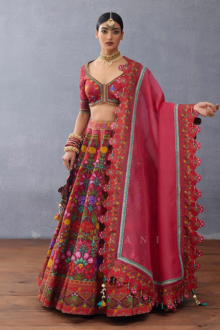 Shop_Torani_Red Organza, Jersey Embroidery, Tassels Dil Surkh Eeda Printed Lehenga Set _Online_at_Aza_Fashions