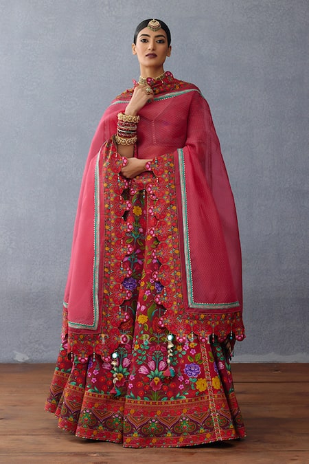Torani_Red Organza, Jersey Embroidery, Tassels Dil Surkh Eeda Printed Lehenga Set _at_Aza_Fashions