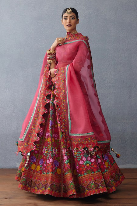 Shop_Torani_Red Organza, Jersey Embroidery, Tassels Dil Surkh Eeda Printed Lehenga Set 