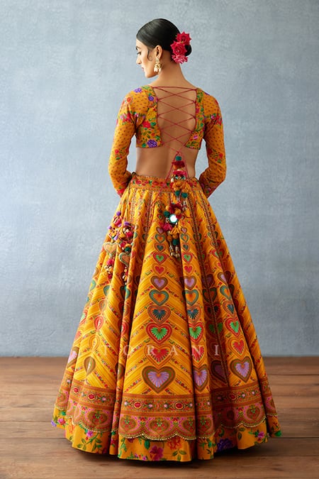 Shop_Torani_Yellow Organza, Jersey Dil Seher Uma Floral Geometric Print Lehenga Set _at_Aza_Fashions