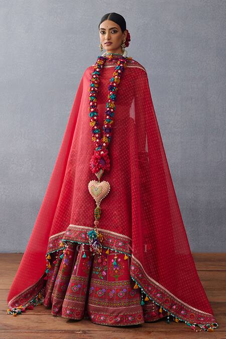 Buy_Torani_Red Organza Tassels, Embroidery Dil Surkh Farida Gul Digital Print Lehenga Set _Online_at_Aza_Fashions