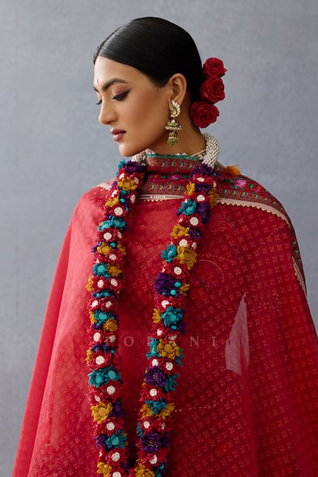 Torani_Red Organza Tassels, Embroidery Dil Surkh Farida Gul Digital Print Lehenga Set _at_Aza_Fashions