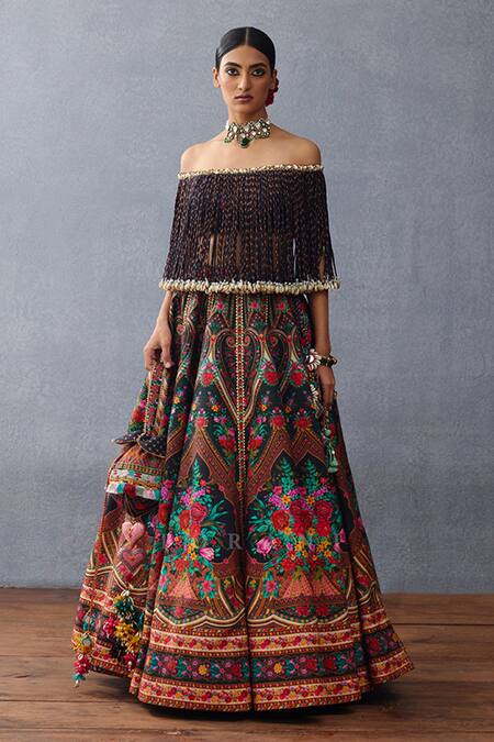 Torani Black Jersey, Silk Pom-poms Off-shoulder Dil Shaad Elnaz Bloom Lehenga Set Online at Aza Fashions Torani_Black Jersey, Silk Pom-poms Off-shoulder Dil Shaad Elnaz Bloom Lehenga Set _Online_at_Aza_Fashions