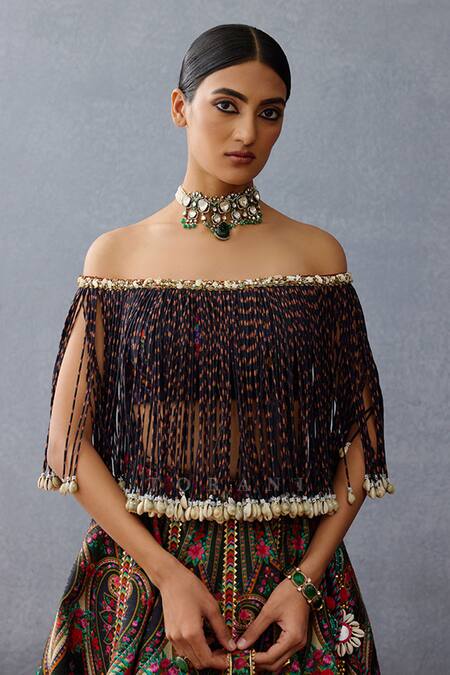 Shop Torani Black Jersey, Silk Pom-poms Off-shoulder Dil Shaad Elnaz Bloom Lehenga Set Online at Aza Fashions Shop_Torani_Black Jersey, Silk Pom-poms Off-shoulder Dil Shaad Elnaz Bloom Lehenga Set _Online_at_Aza_Fashions