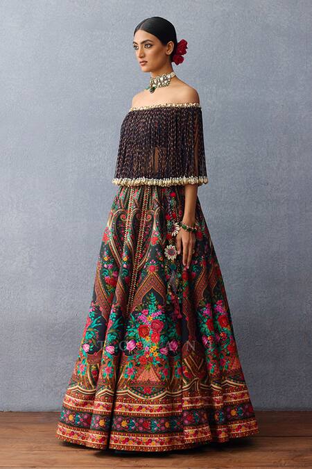 Torani Black Jersey, Silk Pom-poms Off-shoulder Dil Shaad Elnaz Bloom Lehenga Set at Aza Fashions Torani_Black Jersey, Silk Pom-poms Off-shoulder Dil Shaad Elnaz Bloom Lehenga Set _at_Aza_Fashions