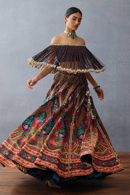 Buy Torani Black Jersey, Silk Pom-poms Off-shoulder Dil Shaad Elnaz Bloom Lehenga Set Buy_Torani_Black Jersey, Silk Pom-poms Off-shoulder Dil Shaad Elnaz Bloom Lehenga Set