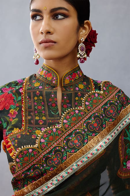 Buy Torani Black Silk Tassels Mandarin Collar Dil Shaad Aiman Blossom Print Blouse Online at Aza Fashions Buy_Torani_Black Silk Tassels Mandarin Collar Dil Shaad Aiman Blossom Print Blouse _Online_at_Aza_Fashions