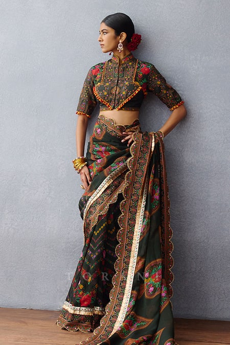 Torani Black Silk Tassels Mandarin Collar Dil Shaad Aiman Blossom Print Blouse at Aza Fashions Torani_Black Silk Tassels Mandarin Collar Dil Shaad Aiman Blossom Print Blouse _at_Aza_Fashions