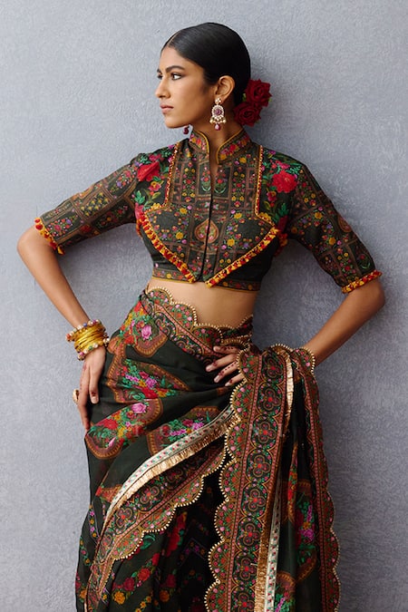 Buy Torani Black Silk Tassels Mandarin Collar Dil Shaad Aiman Blossom Print Blouse Buy_Torani_Black Silk Tassels Mandarin Collar Dil Shaad Aiman Blossom Print Blouse