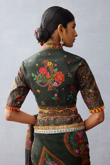 Shop Torani Black Silk Tassels Mandarin Collar Dil Shaad Aiman Blossom Print Blouse at Aza Fashions Shop_Torani_Black Silk Tassels Mandarin Collar Dil Shaad Aiman Blossom Print Blouse _at_Aza_Fashions