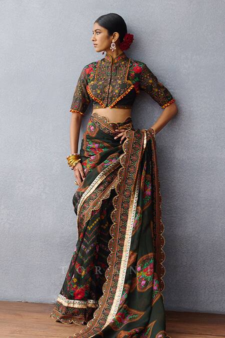 Buy Torani Black Organza Embroidery Dil Shaad Aiman Blossom Print Saree Buy_Torani_Black Organza Embroidery Dil Shaad Aiman Blossom Print Saree