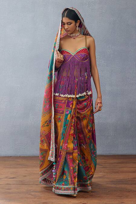 Torani Purple Chanderi Tassels Dil Rang Aziza Gulshan Print Pre-draped Saree Online at Aza Fashions Torani_Purple Chanderi Tassels Dil Rang Aziza Gulshan Print Pre-draped Saree _Online_at_Aza_Fashions