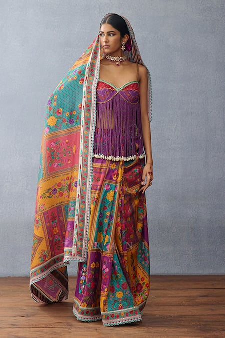 Buy Torani Purple Chanderi Tassels Dil Rang Aziza Gulshan Print Pre-draped Saree Online at Aza Fashions Buy_Torani_Purple Chanderi Tassels Dil Rang Aziza Gulshan Print Pre-draped Saree _Online_at_Aza_Fashions