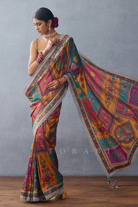 Torani Purple Chanderi Tassels Dil Rang Aziza Gulshan Print Pre-draped Saree at Aza Fashions Torani_Purple Chanderi Tassels Dil Rang Aziza Gulshan Print Pre-draped Saree _at_Aza_Fashions