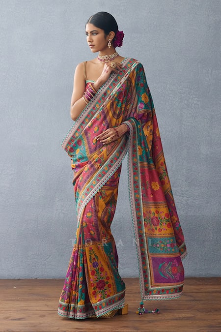 Buy Torani Purple Chanderi Tassels Dil Rang Aziza Gulshan Print Pre-draped Saree Buy_Torani_Purple Chanderi Tassels Dil Rang Aziza Gulshan Print Pre-draped Saree