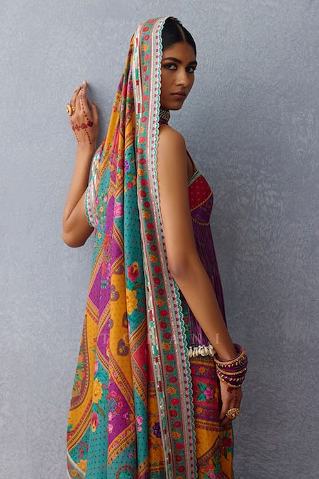 Shop Torani Purple Chanderi Tassels Dil Rang Aziza Gulshan Print Pre-draped Saree at Aza Fashions Shop_Torani_Purple Chanderi Tassels Dil Rang Aziza Gulshan Print Pre-draped Saree _at_Aza_Fashions