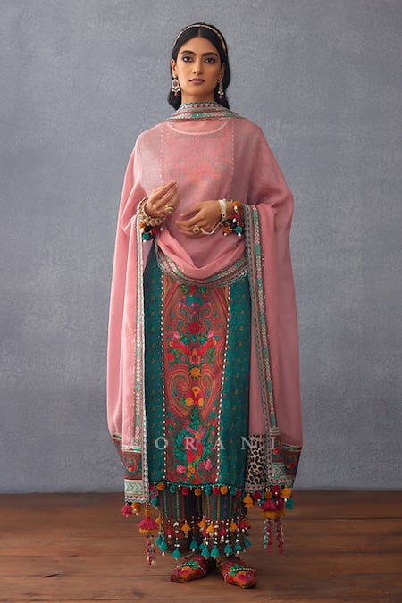 Torani Green Silk Pom-poms, Tassels Round Neck Dil Nawaz Abhidah Print Kurta Pant Set at Aza Fashions Torani_Green Silk Pom-poms, Tassels Round Neck Dil Nawaz Abhidah Print Kurta Pant Set _at_Aza_Fashions