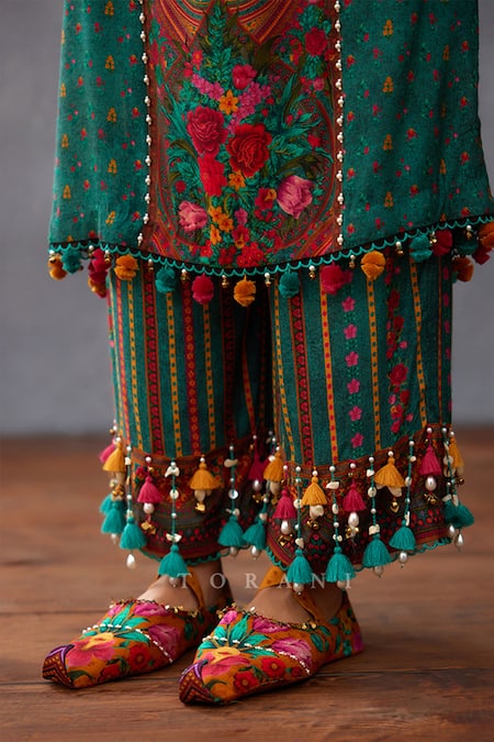 Buy Torani Green Silk Pom-poms, Tassels Round Neck Dil Nawaz Abhidah Print Kurta Pant Set Buy_Torani_Green Silk Pom-poms, Tassels Round Neck Dil Nawaz Abhidah Print Kurta Pant Set