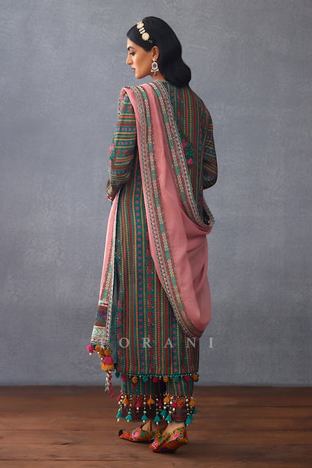 Shop Torani Green Silk Pom-poms, Tassels Round Neck Dil Nawaz Abhidah Print Kurta Pant Set at Aza Fashions Shop_Torani_Green Silk Pom-poms, Tassels Round Neck Dil Nawaz Abhidah Print Kurta Pant Set _at_Aza_Fashions