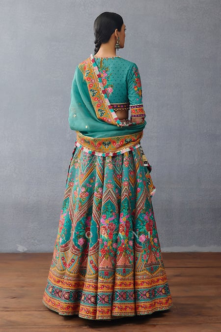 Shop Torani Green Silk, Organza Embroidery, Sequins, Dil Nawaz Iram Print Lehenga Set at Aza Fashions Shop_Torani_Green Silk, Organza Embroidery, Sequins, Dil Nawaz Iram Print Lehenga Set _at_Aza_Fashions