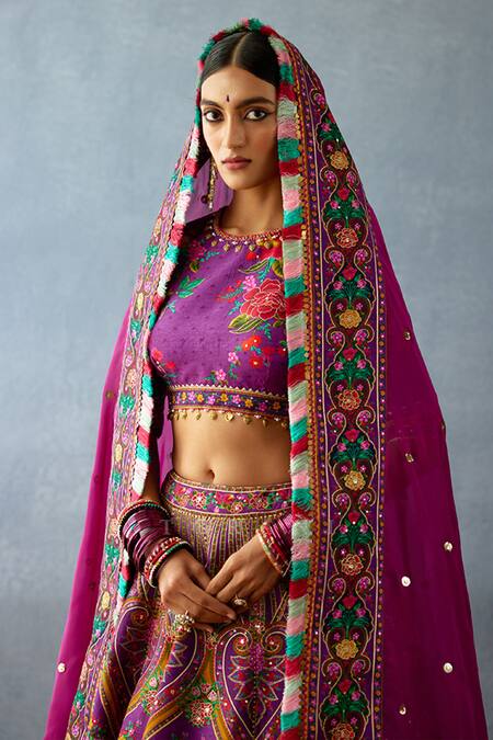 Torani Purple Jersey, Silk Sequins, Tassels High Dil Kusha Navi Phool Print Lehenga Set at Aza Fashions Torani_Purple Jersey, Silk Sequins, Tassels High Dil Kusha Navi Phool Print Lehenga Set _at_Aza_Fashions