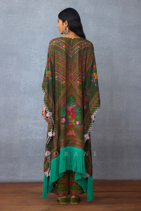 Shop Torani Green Chanderi Tassels Round Neck Dil Saaz Ava Phoolkari Print Kaftan With Pant at Aza Fashions Shop_Torani_Green Chanderi Tassels Round Neck Dil Saaz Ava Phoolkari Print Kaftan With Pant _at_Aza_Fashions