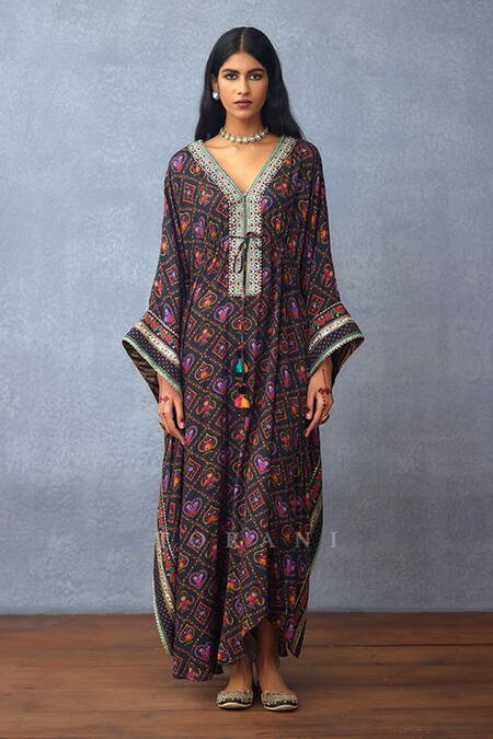Shop Torani Black Muslin, Silk Gota Patti, Tassels Dil Shaad Arza Spade And Heart Print Kaftan Online at Aza Fashions Shop_Torani_Black Muslin, Silk Gota Patti, Tassels Dil Shaad Arza Spade And Heart Print Kaftan _Online_at_Aza_Fashions