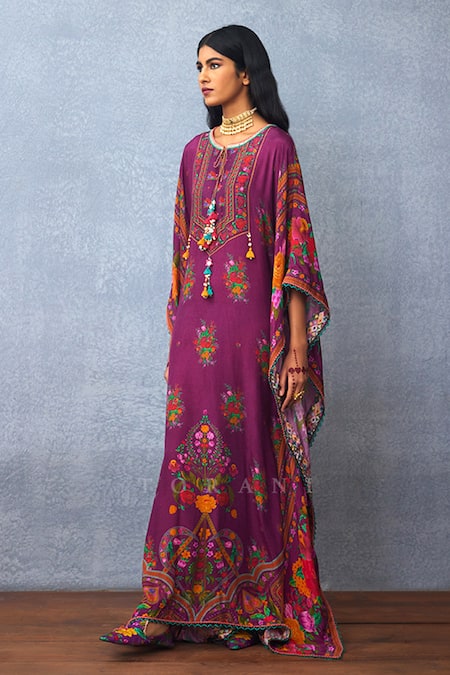 Torani_Purple Muslin, Silk Gota Patti Round Neck Dil Kusha Shirin Ambrosia Print Kaftan _Online_at_Aza_Fashions