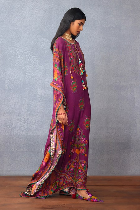 Buy_Torani_Purple Muslin, Silk Gota Patti Round Neck Dil Kusha Shirin Ambrosia Print Kaftan _Online_at_Aza_Fashions